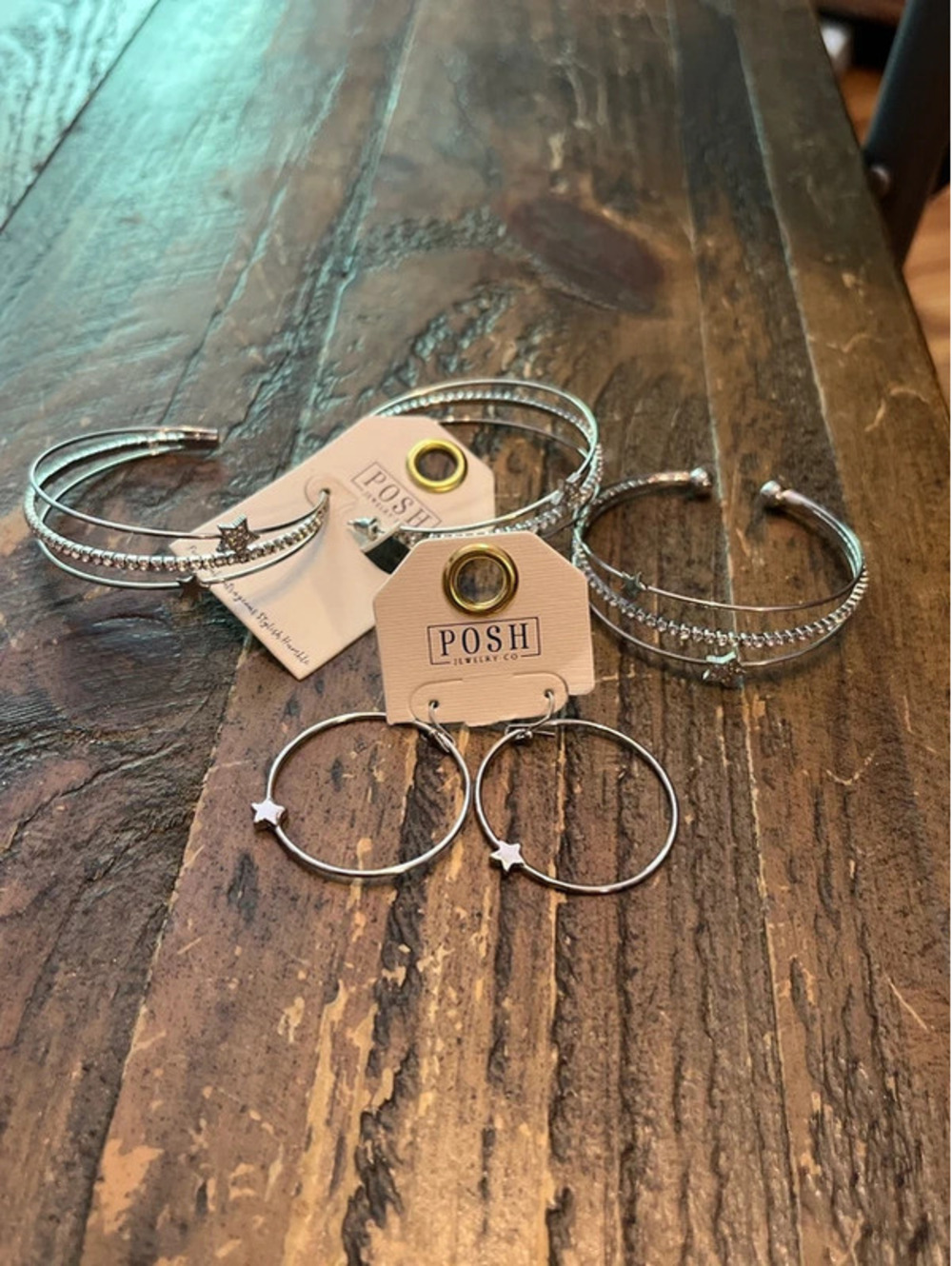 0025 POSH Star Hoop Earrings & Cuff Bracelet Matching Jewelry Set 3pc